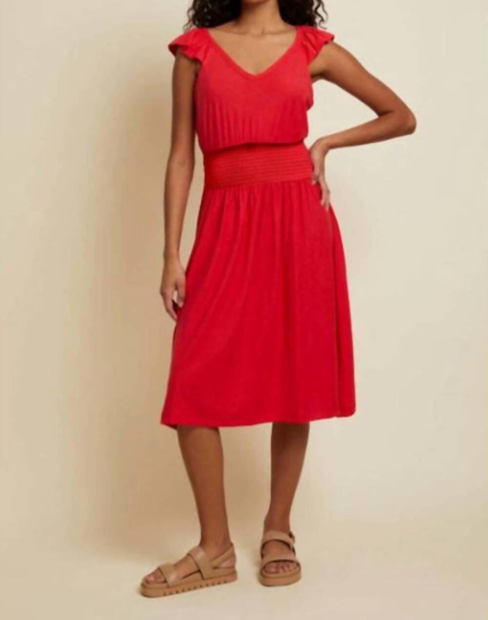 Nation LTD Mina Smocked Waist Ruffled Midi Dress Cherrybomb Red Medium